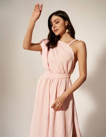 One shoulder pink cotton dress 